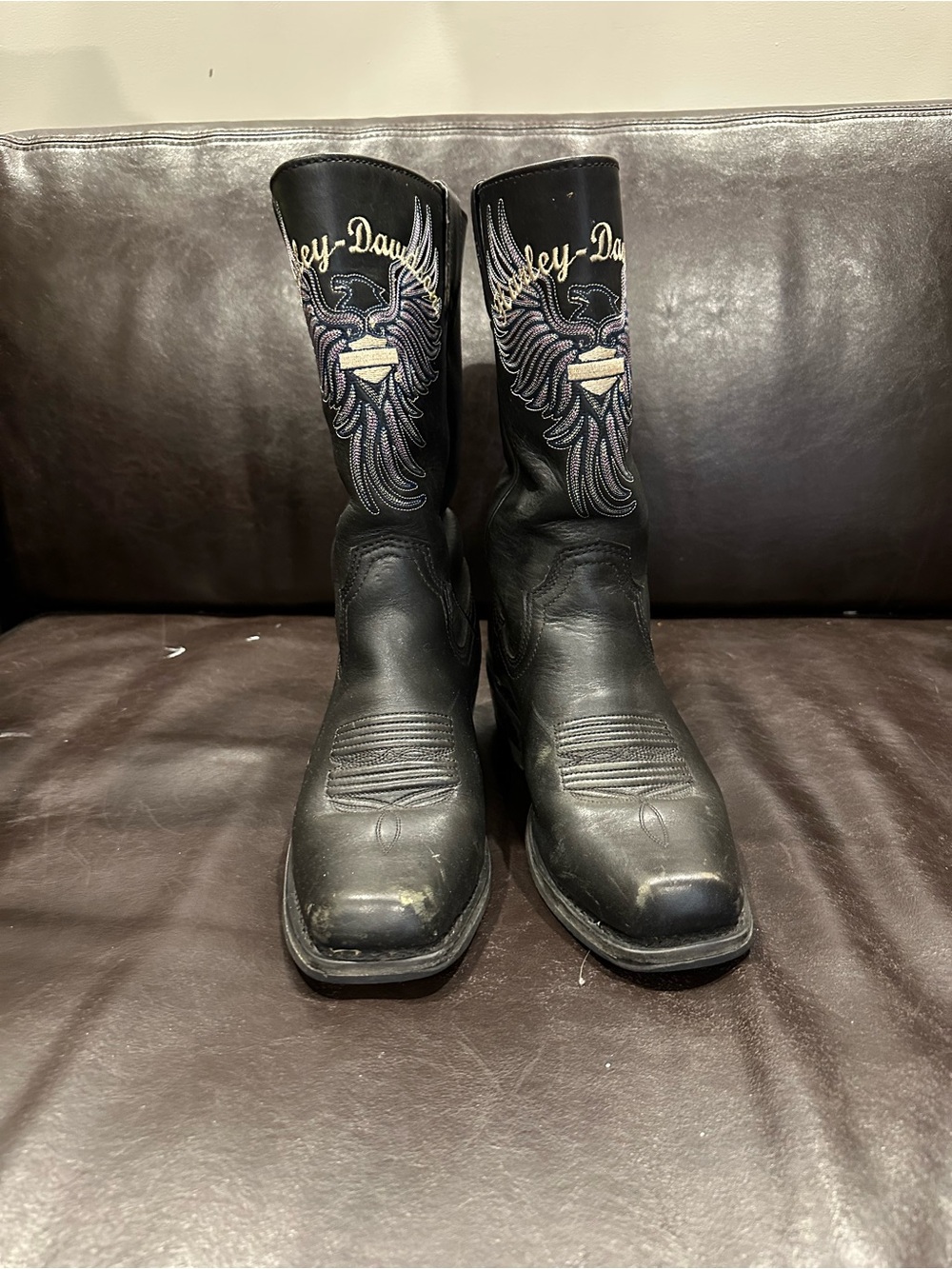Harley-Davidson Black Leather Western Motorcycle Boots with Embroidered Wings